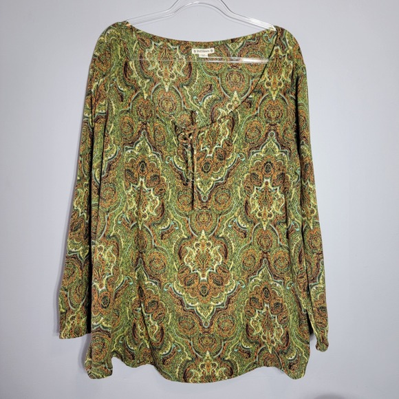 Ruff Hewn Womens 3X Paisley Print Long Sleeve Blouse Green Lightweight Cotton - Picture 2 of 8